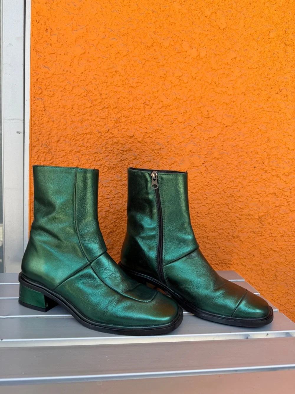 L-Intervalle Metallic Emerald‎ Green Stitched Ankle Boots Low Block Heel Zipper